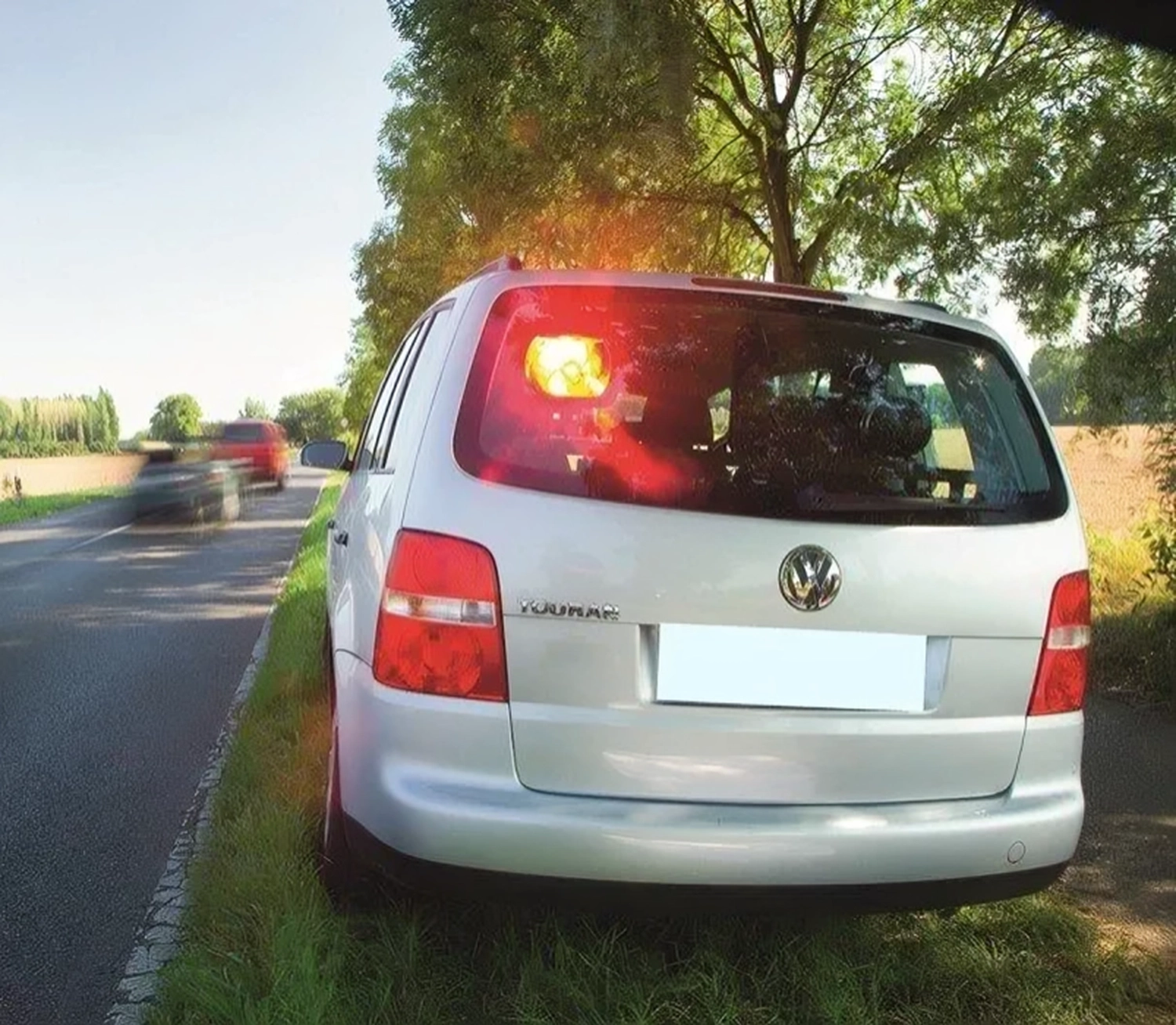 Radarrent GmbH – Verkehrsüberwachung – Ein silberner Volkswagen Touran parkt auf der Wiese neben einer Straße, der linke Blinker blinkt; im Hintergrund sind Bäume und verschwommene Autos zu sehen.